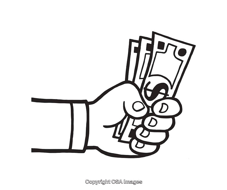 Hand Holding Dollar Bills in Black and White Line Art Style