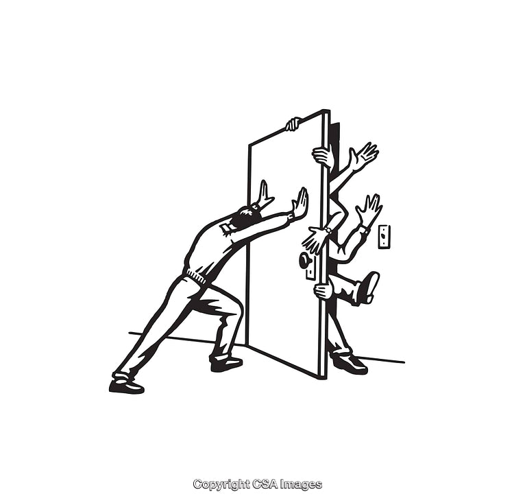 Illustration of People Struggling to Close a Door in Line Art Style