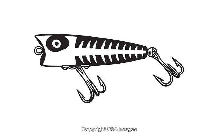 Black and White Line Art of Fishing Lure with Hooks
