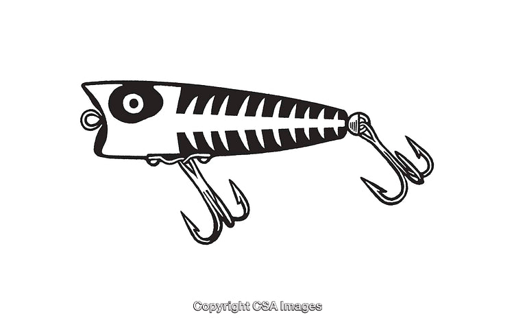 Black and White Line Art of Fishing Lure with Hooks