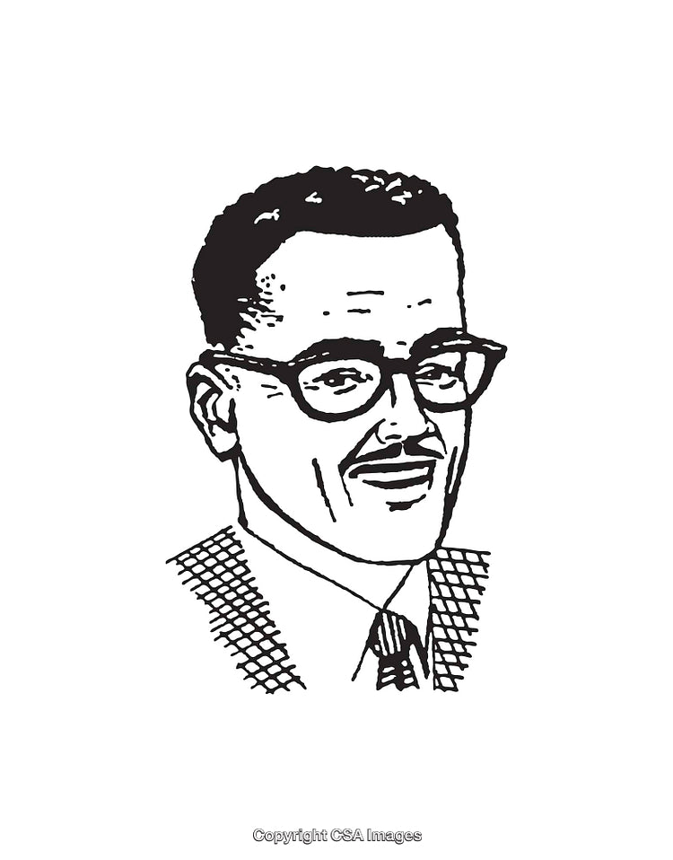 Retro Style Black and White Line Art Man Portrait with Glasses