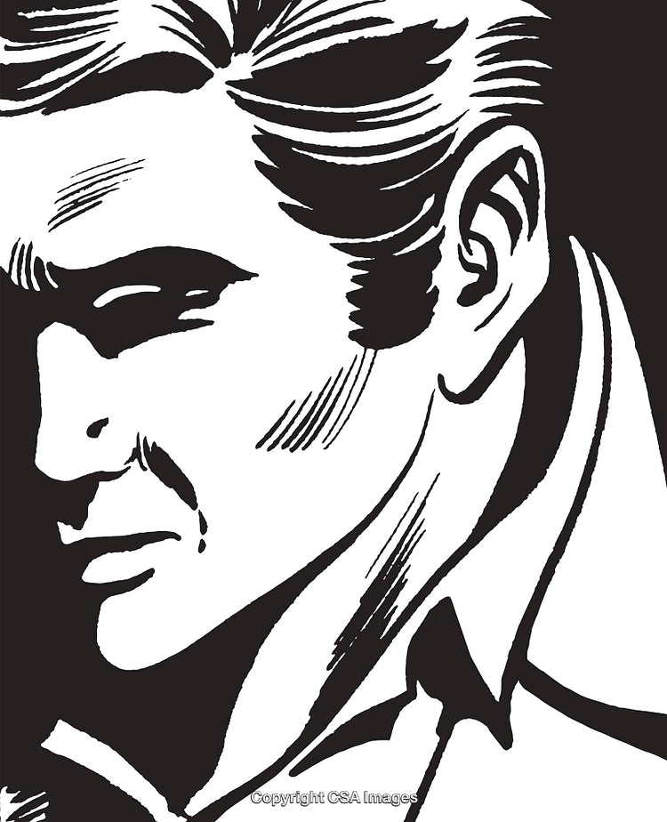 Black and White Illustration of a Thoughtful Person in Retro Art Style