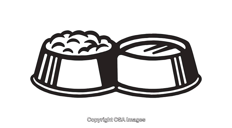 Black and White Line Art of Pet Food and Water Bowls