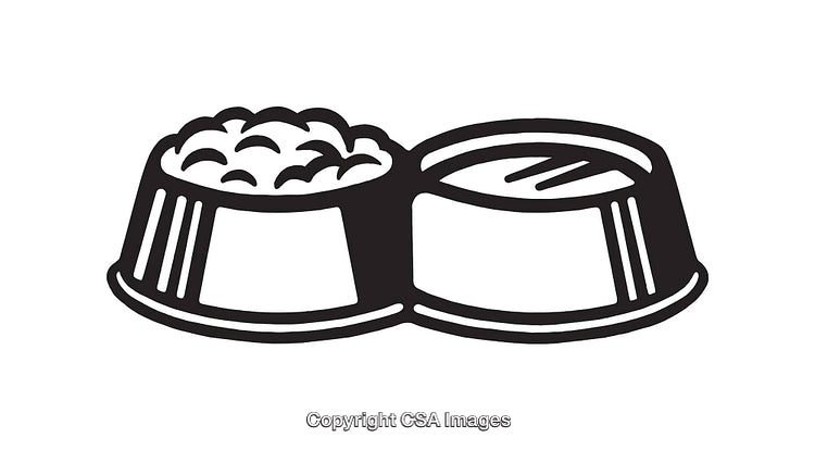 Black and White Line Art of Pet Food and Water Bowls