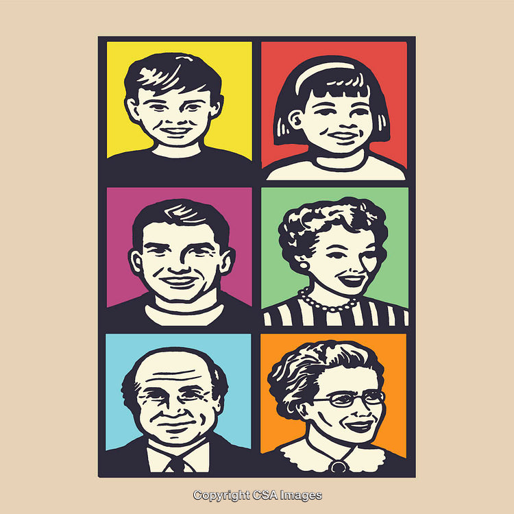 Colorful Pop Art-Style Family Portrait Illustrations in a Grid Layout