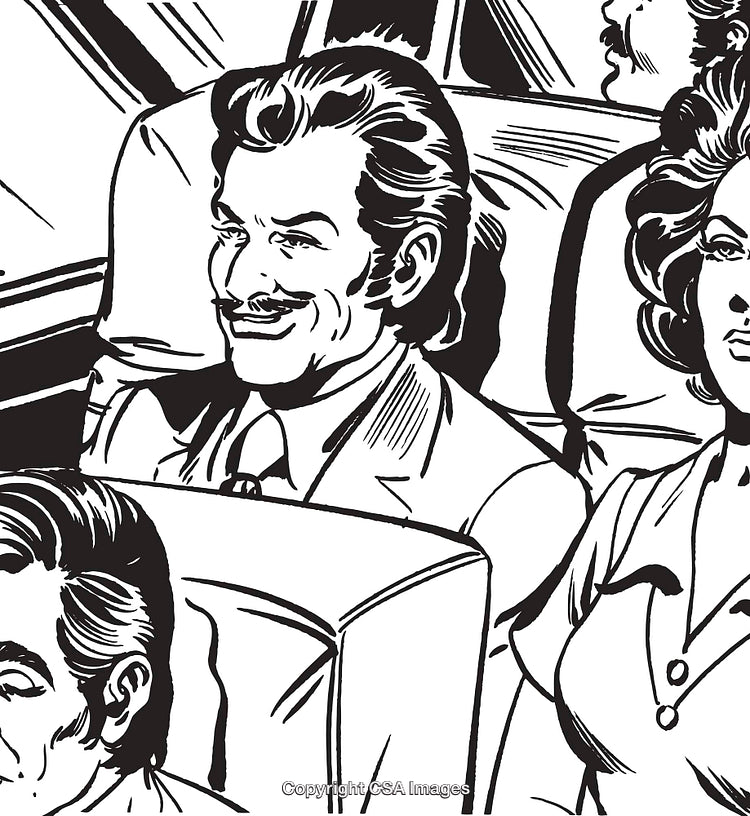 Retro Comic Style Illustration of People Sitting in a Vehicle Interior