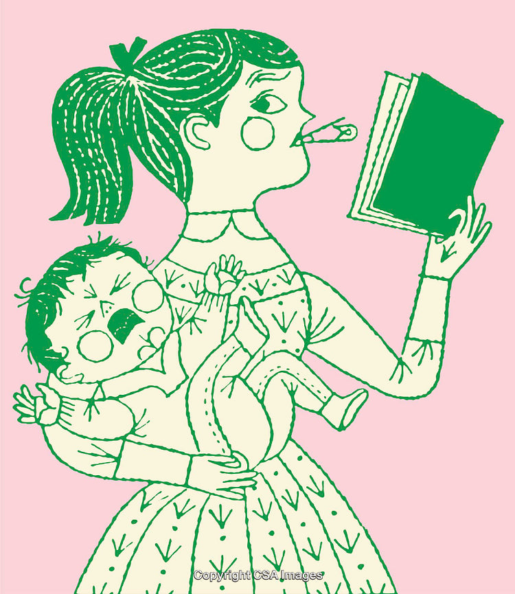 Illustration of a Busy Mother Balancing Tasks and Childcare