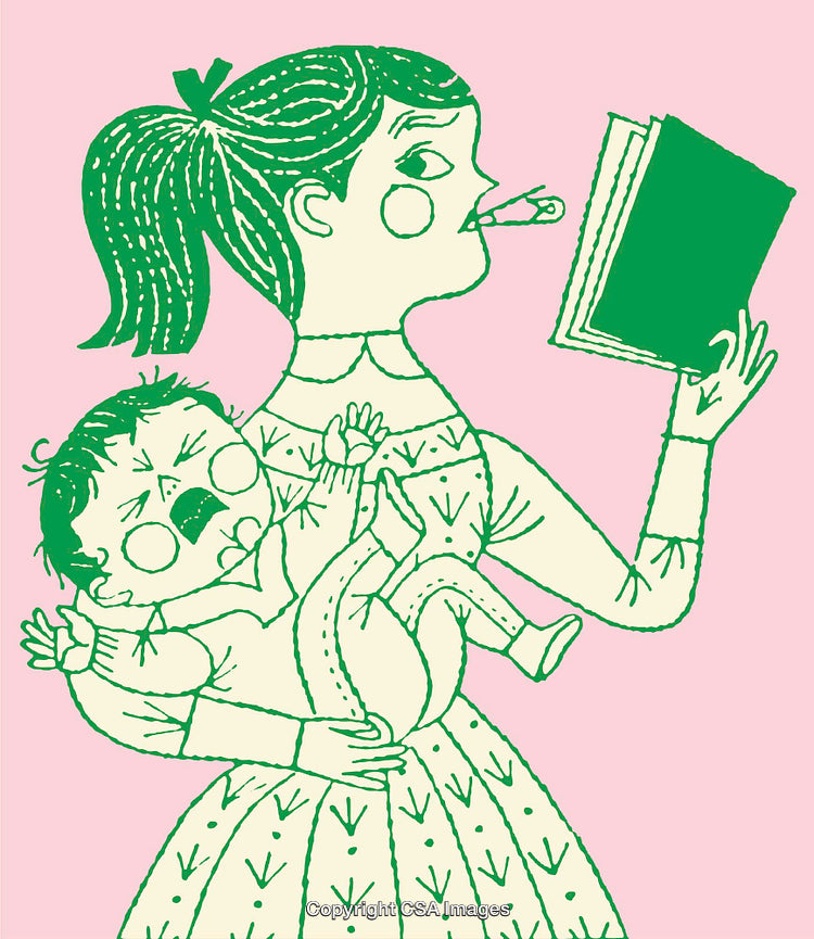Illustration of a Busy Mother Balancing Tasks and Childcare