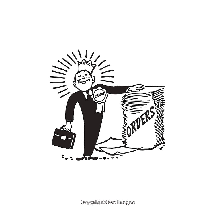 Retro Business Champion Standing Confidently by a Large Stack of Orders