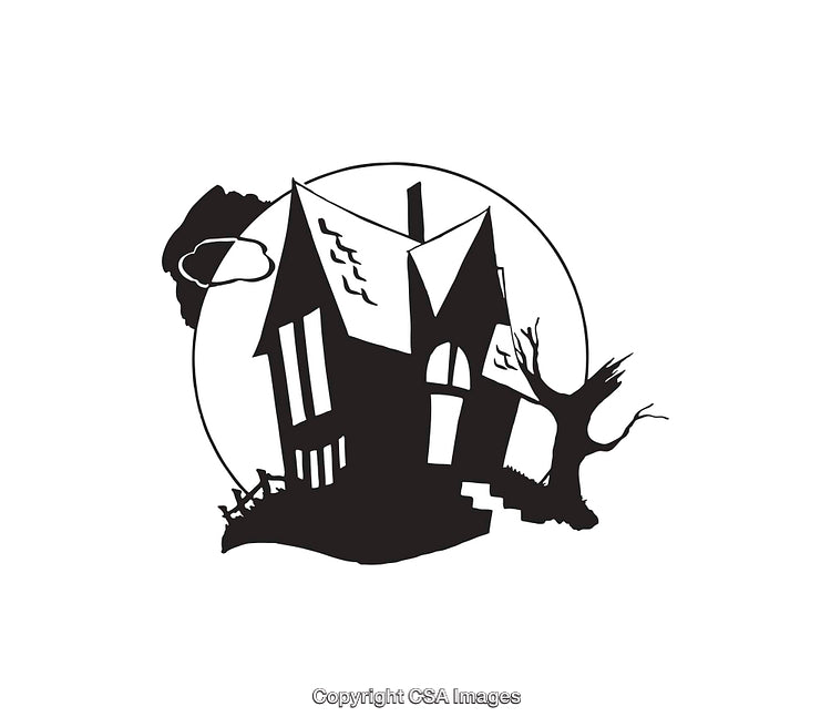 Black and White Line Art of a Haunted House at Night