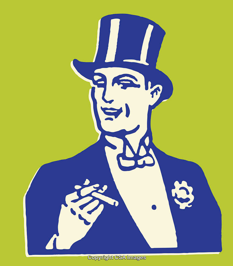 Vintage Blue Illustration of Man in Top Hat Holding a Cigarette