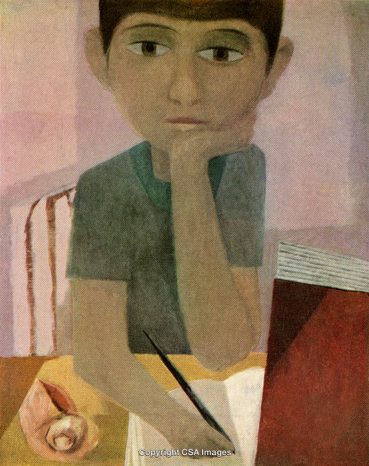 Contemporary Art of a Thinking Boy Writing at a Desk in Nostalgic Style