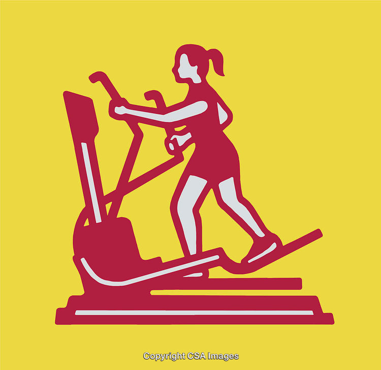 Fitness Illustration of Woman Exercising on Elliptical Trainer in Red on Yellow