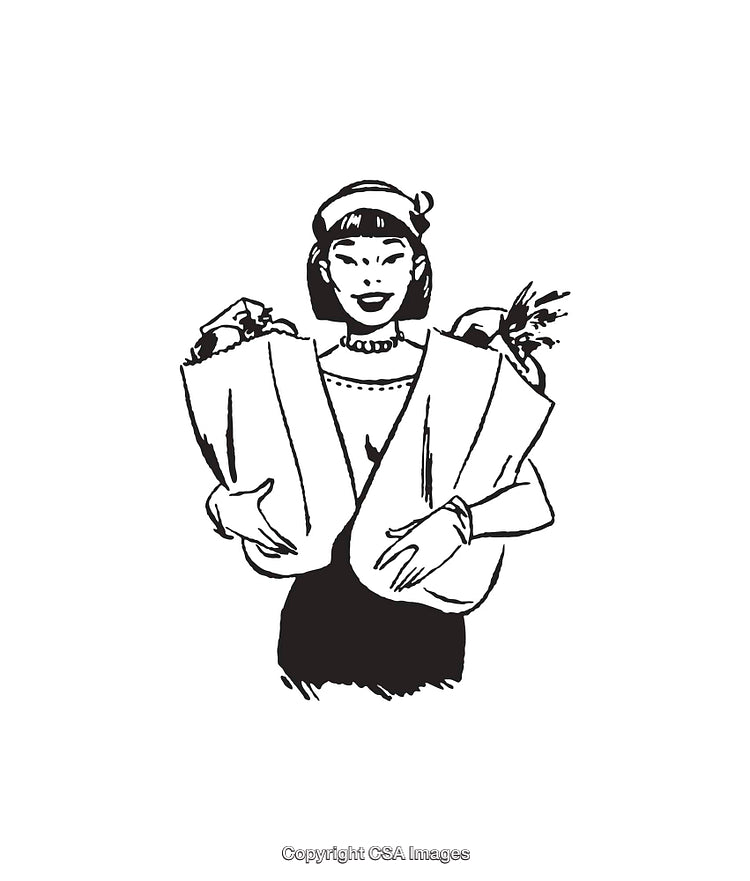 Retro Line Art Illustration Depicting a Woman Holding Groceries with a Smile