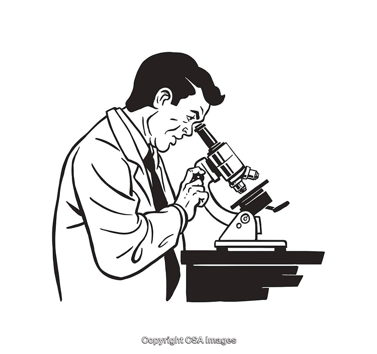 Scientist Examining Samples Using a Microscope in Black and White Line Art