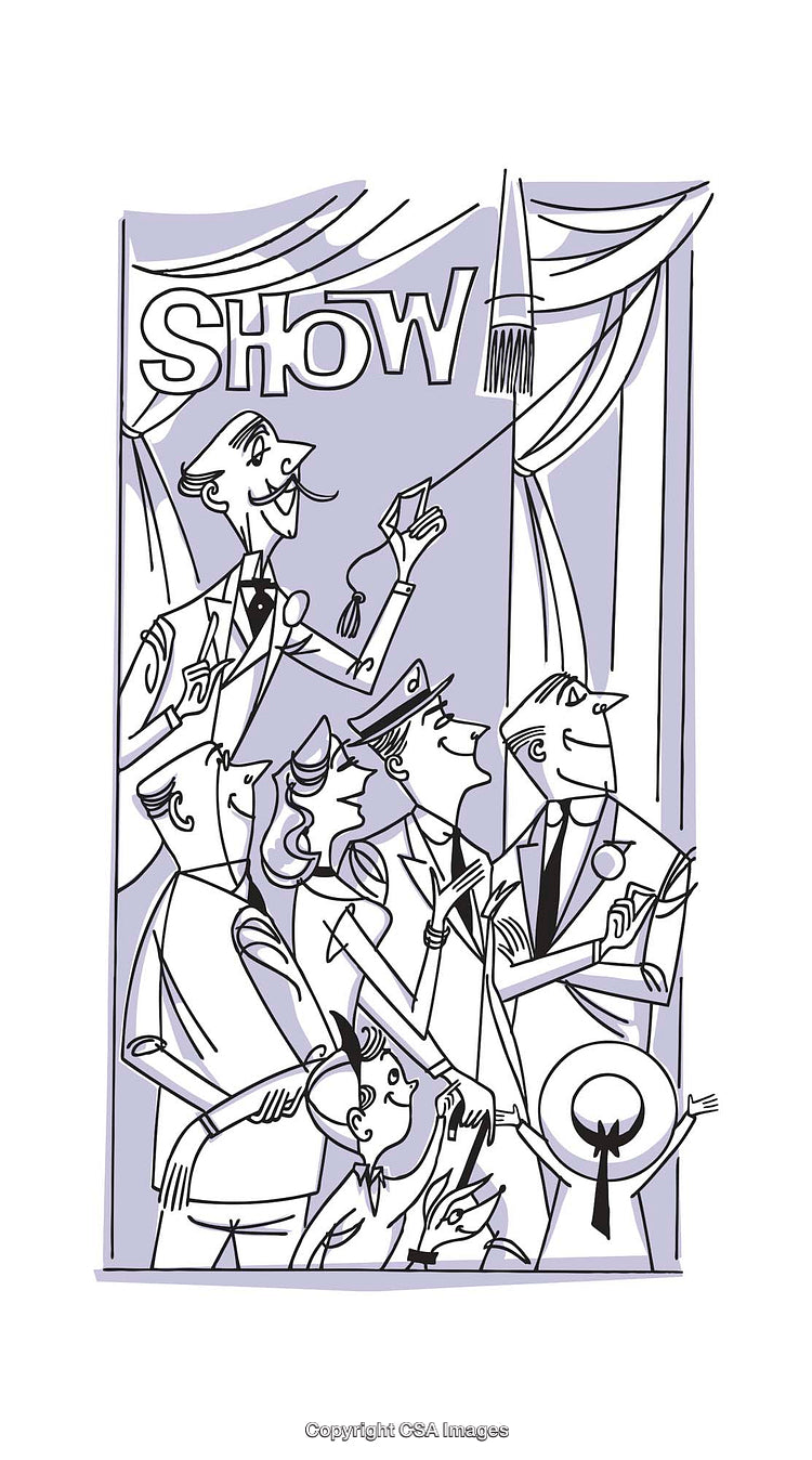 Retro-Style Illustration of Characters Enjoying a Theatrical Show Presentation