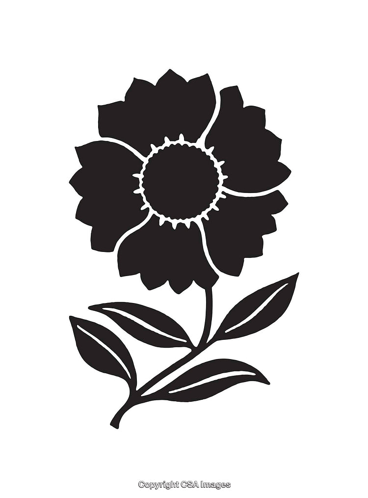 Black and White Minimalist Flower with Petals and Leaves