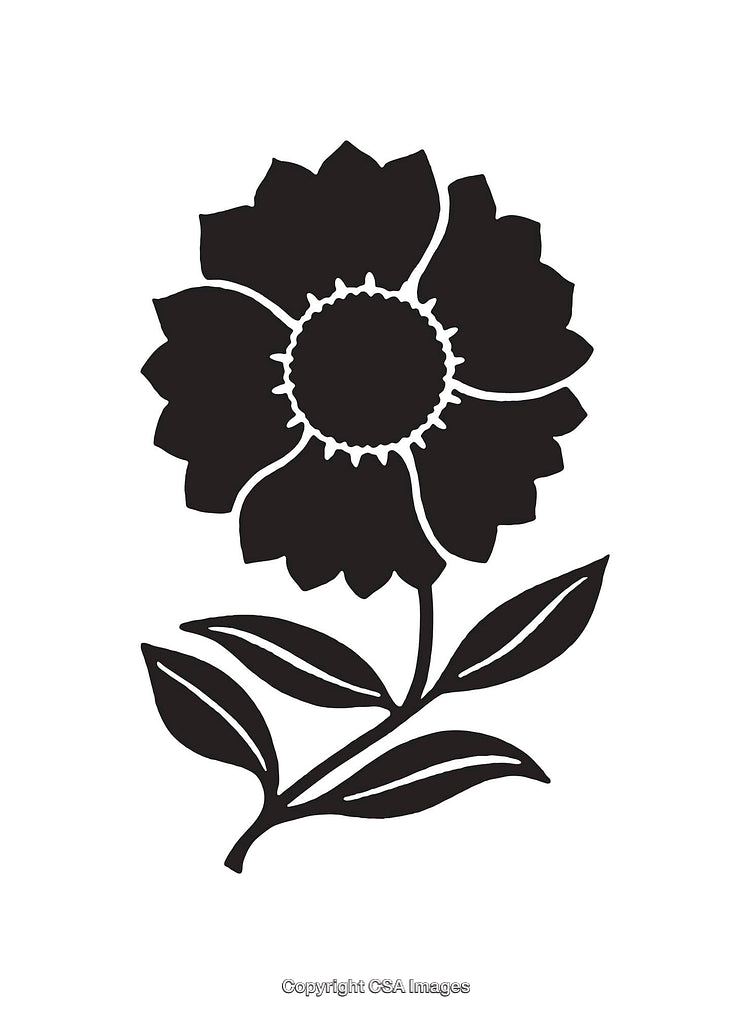 Black and White Minimalist Flower with Petals and Leaves