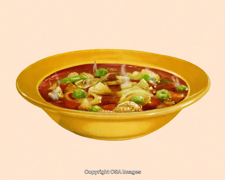 Hearty Vegetable Soup in Yellow Bowl with Stylized Dot Screen Effect