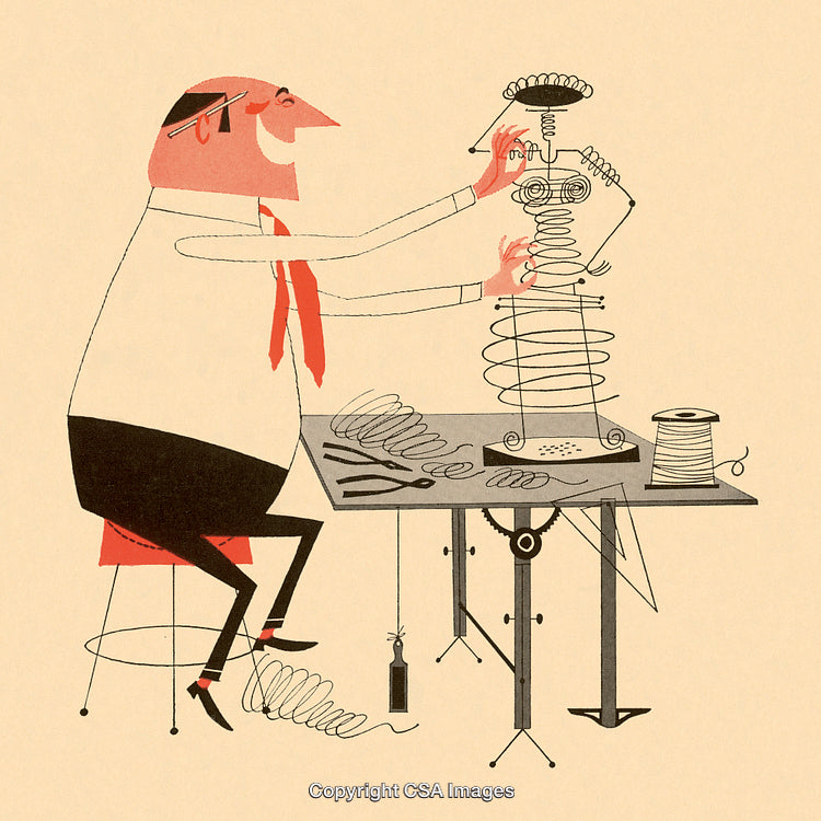 Creative Illustration of an Inventor Building a Spiral-Based Robot Model