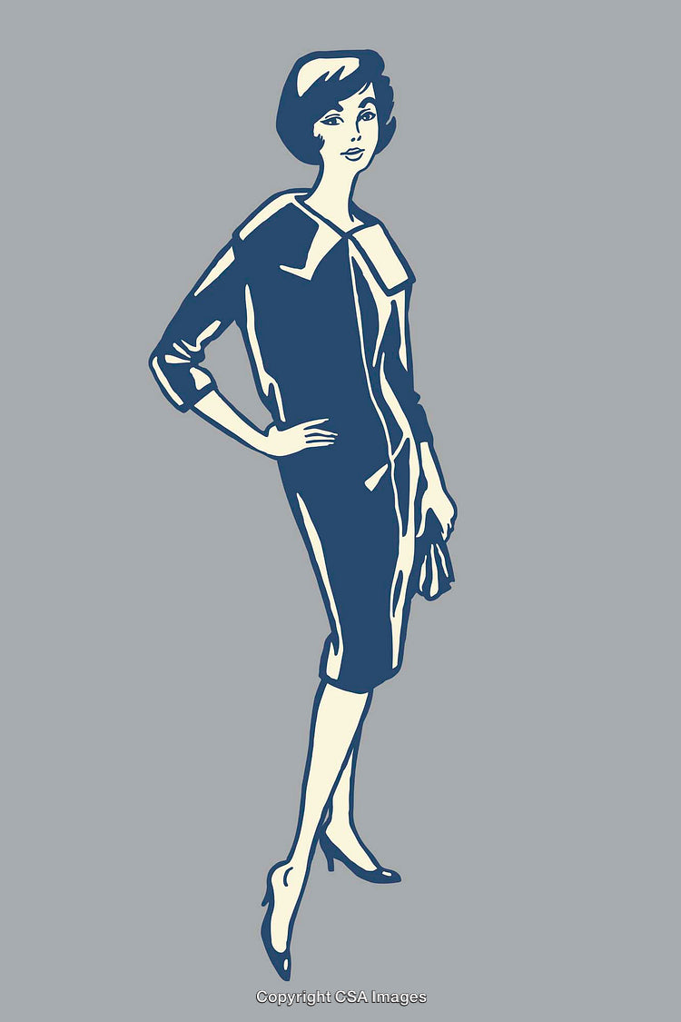 Retro Woman Illustration with Elegant Dress in Color Line Art