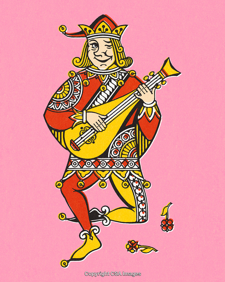 Medieval Jester Playing a Lute in Traditional Red and Yellow Attire