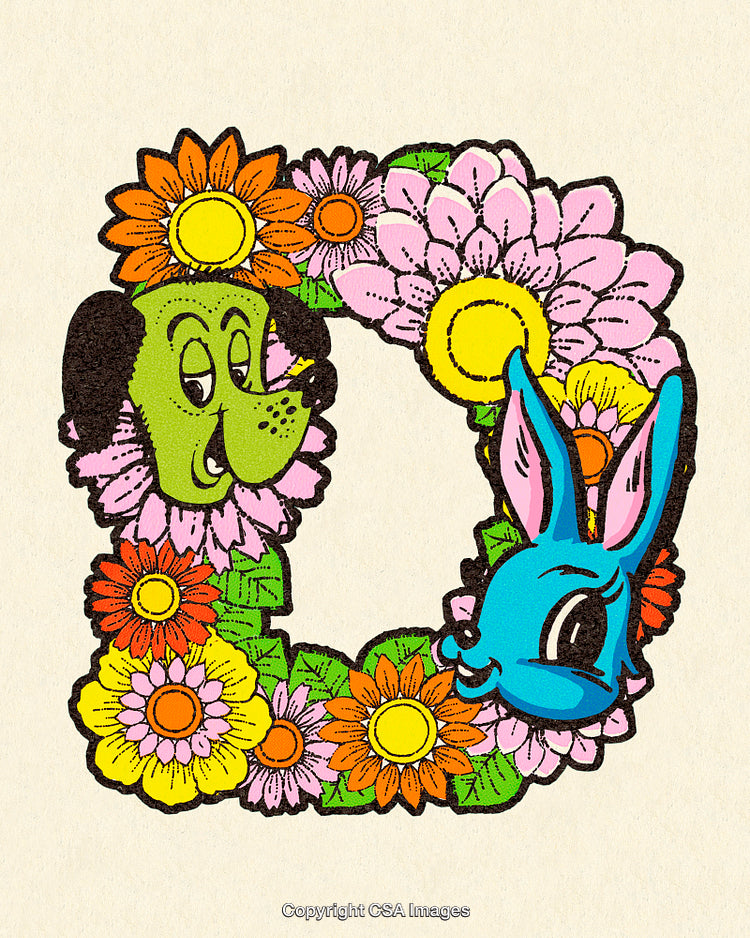 Whimsical Artistic Design with Floral Frame and Cartoon Characters