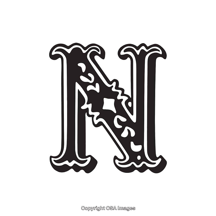 Decorative Ornate Capital Letter N in Monochrome Style