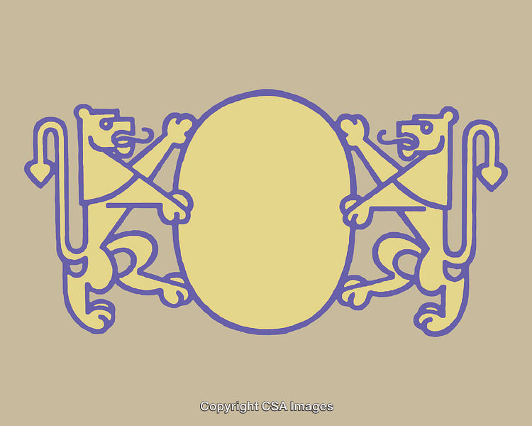 Artistic Illustration of Lions Holding a Decorative Oval Emblem