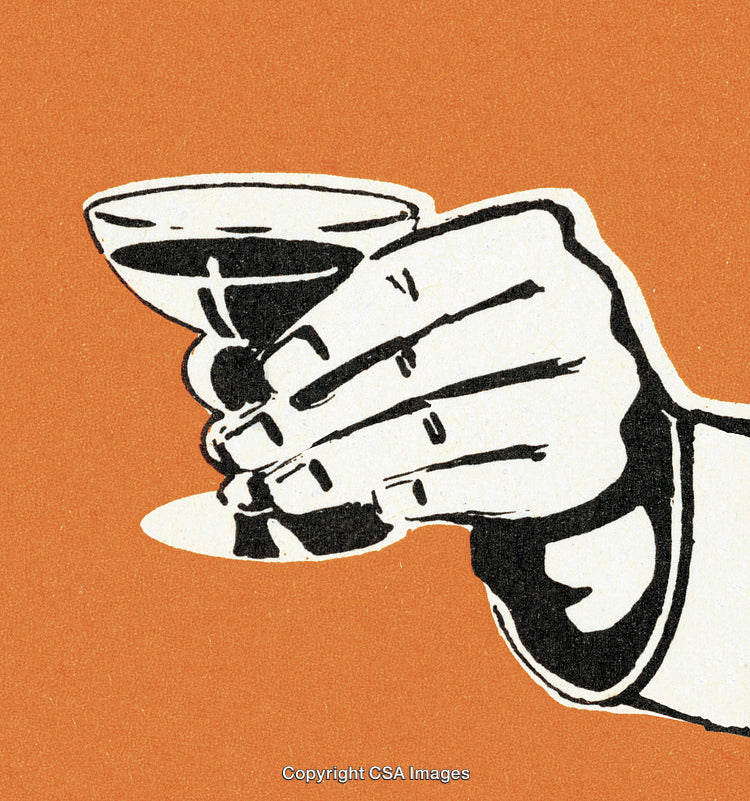 Retro Illustration of a Hand Holding a Cocktail Glass on Orange Background