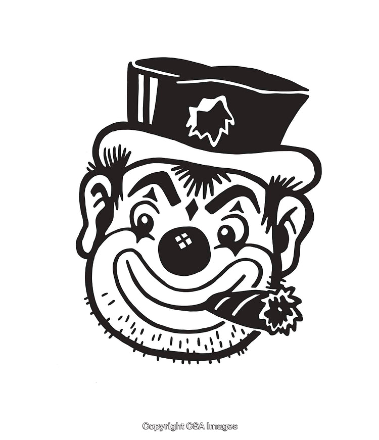 Black and White Illustration of a Smiling Character with a Hat and Cigar