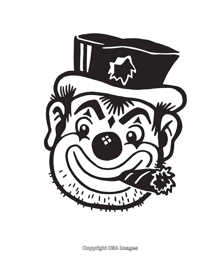 Black and White Illustration of a Smiling Character with a Hat and Cigar