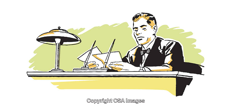 Vintage Illustration of a Businessman Writing at Desk