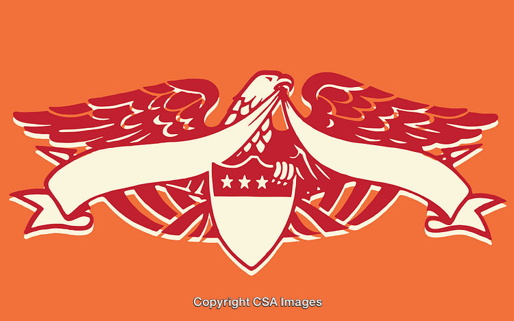 Bold Red and White Eagle Emblem with Scroll and Shield