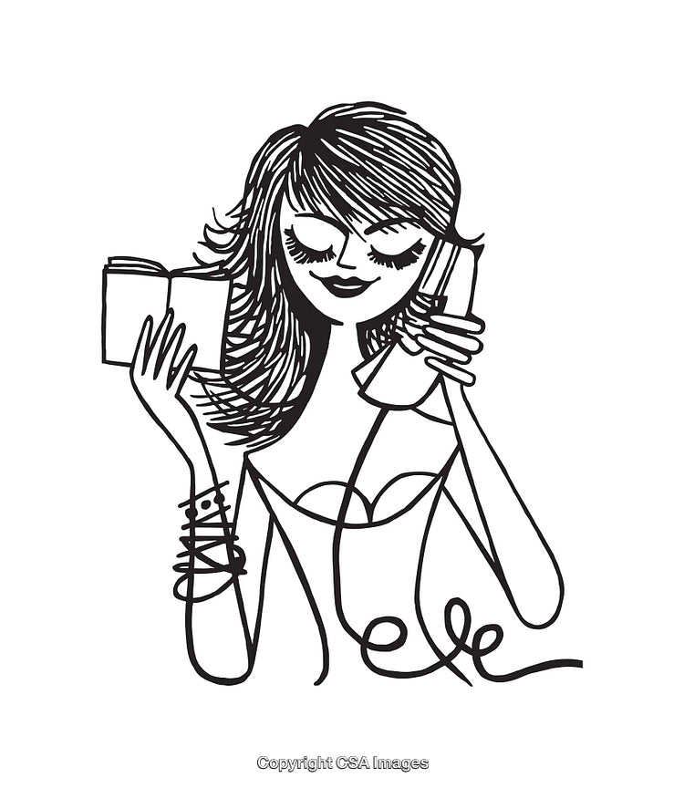 Stylish Line Art Woman Reading and Talking on a Corded Phone