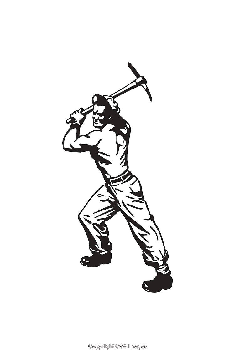 Black and White Illustration of a Worker Holding a Pickaxe