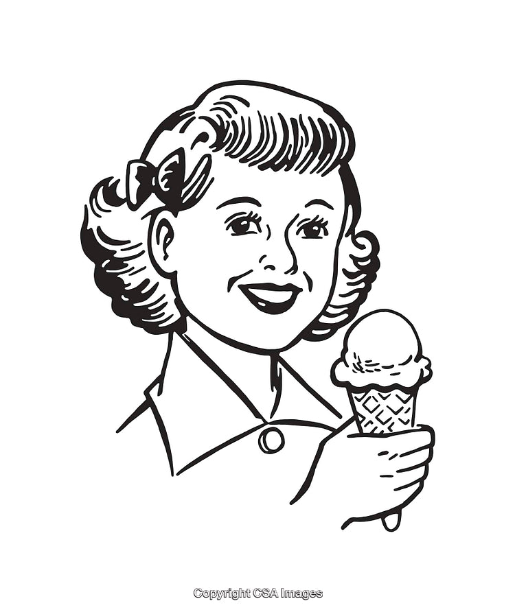 Retro Line Art of a Smiling Girl Holding an Ice Cream Cone