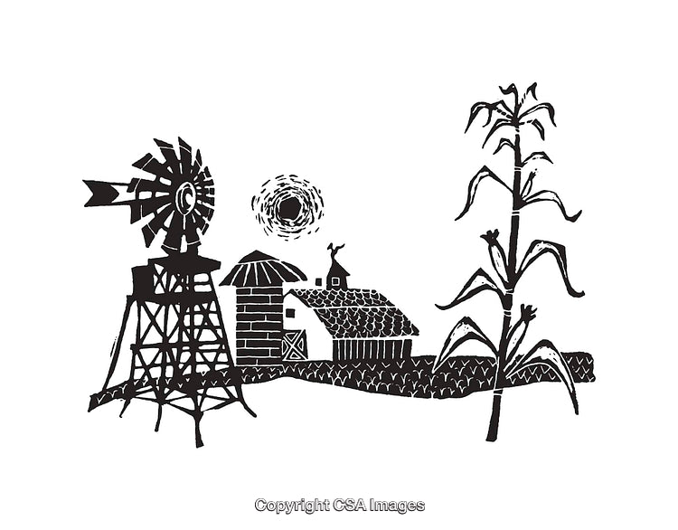 Rustic Countryside Line Art Illustration Featuring a Farm and Windmill