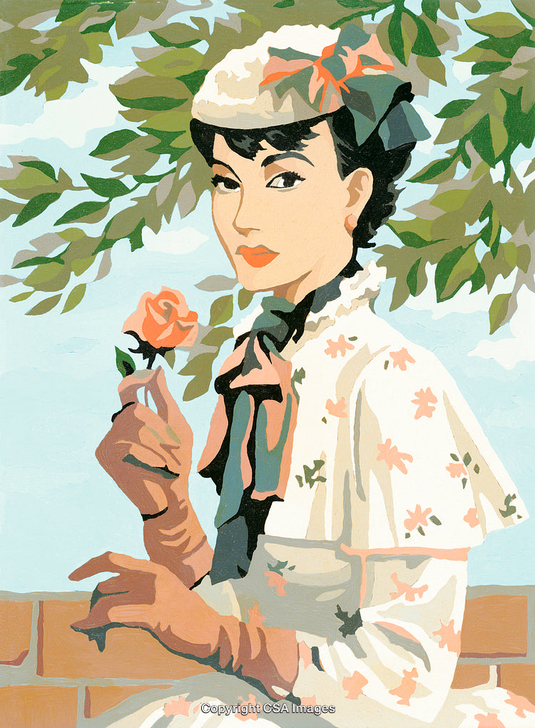 Vintage Illustration of a Woman Holding a Rose in Nature