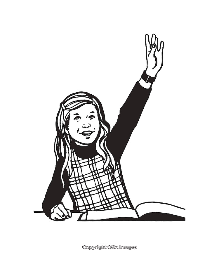 Black and White Illustration of Student Raising Hand in Classroom