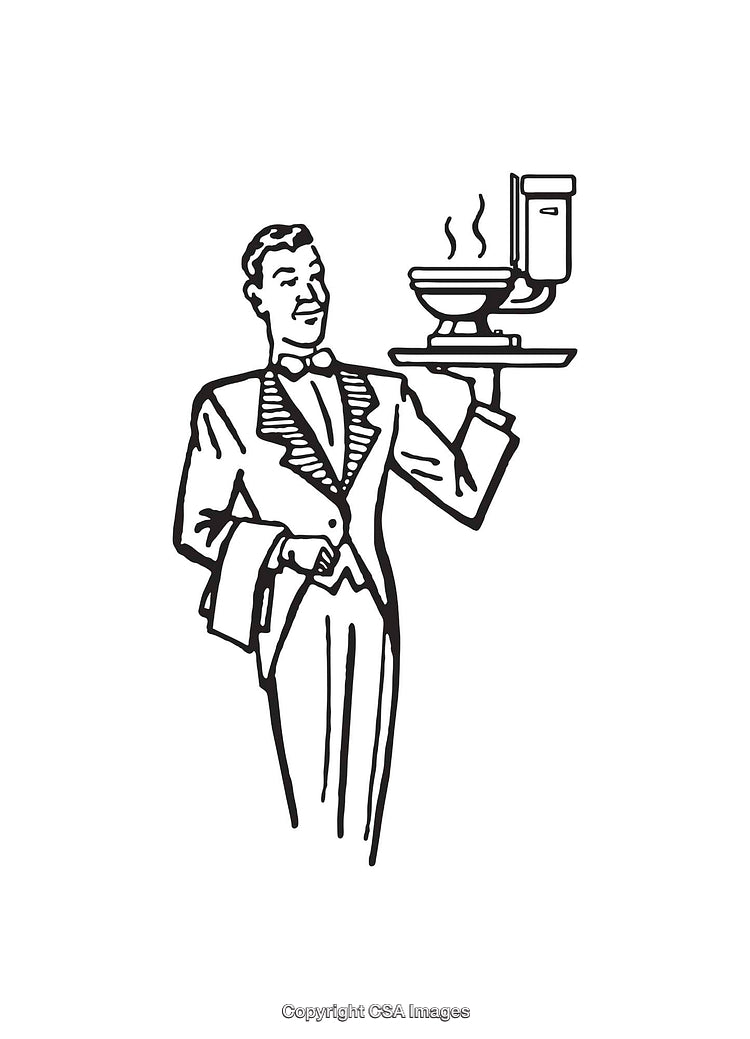 Classic Black and White Line Art of a Waiter Serving with Elegance