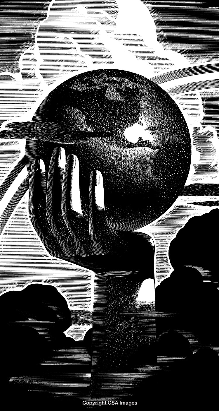 Illustration of a Hand Cradling Planet Earth with Cloudy Background