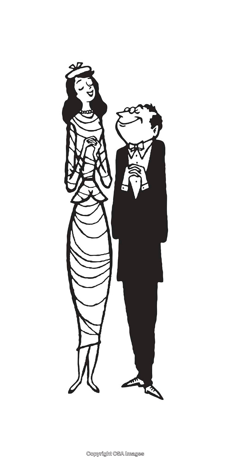 Elegant Line Art of a Couple in Formal Attire with Happy Expressions