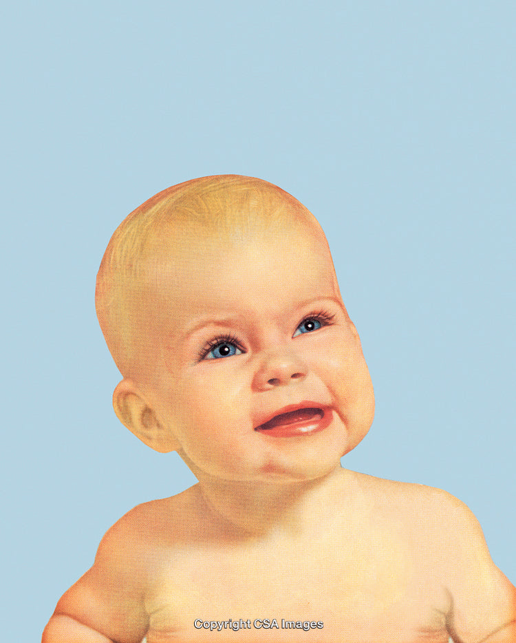 Adorable Blonde Baby Smiling Against a Sky Blue Background