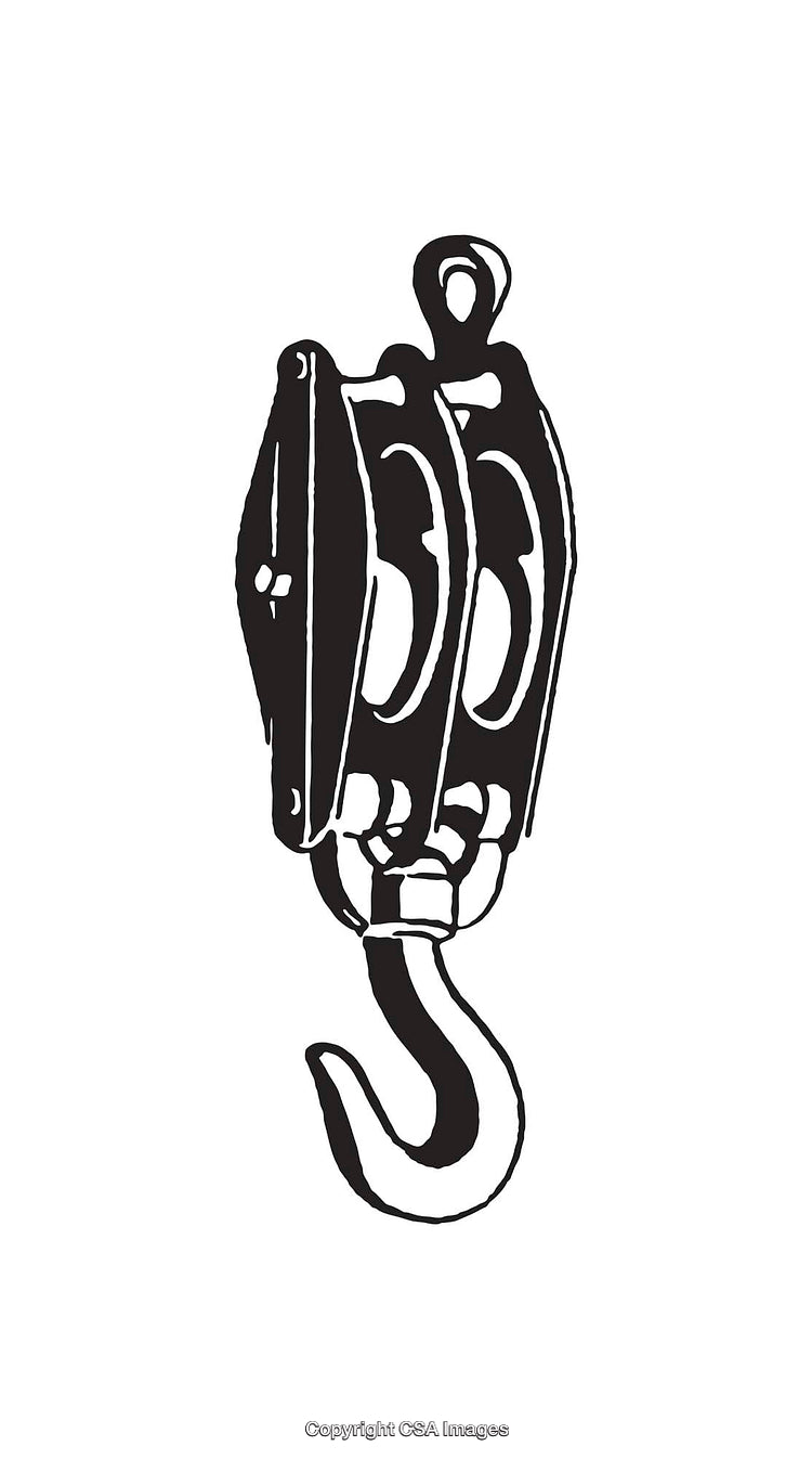 Vintage Black and White Line Art of a Dual Pulley Hook System