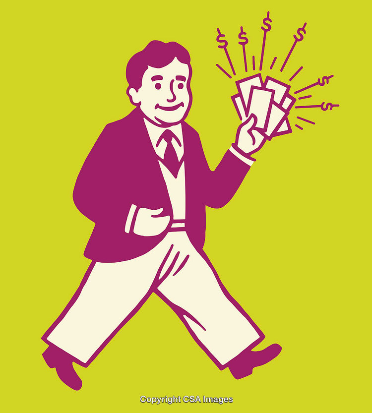 Bright Cartoon Illustration of a Businessman Holding Cash and Smiling