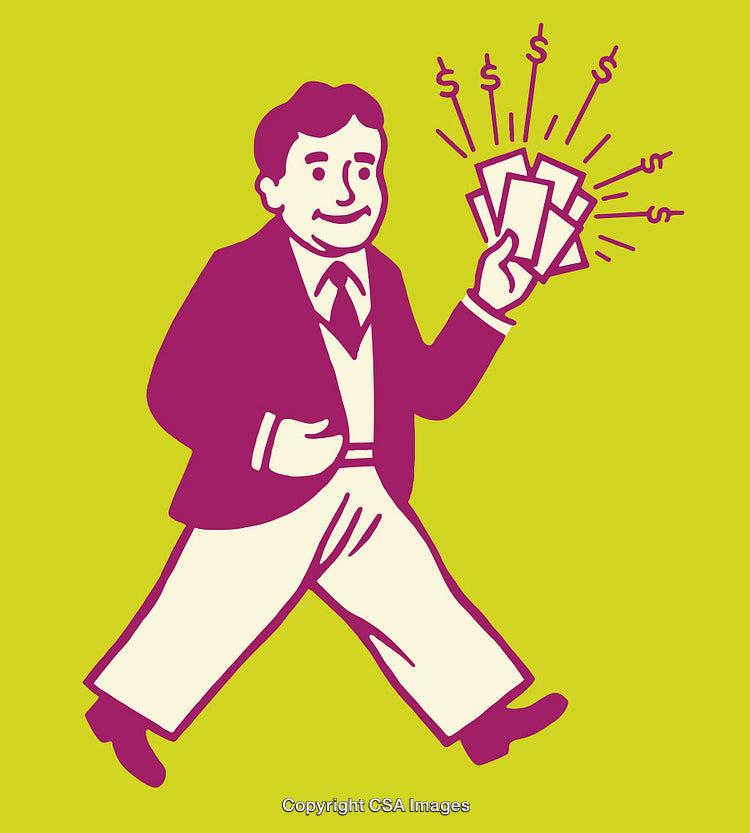 Bright Cartoon Illustration of a Businessman Holding Cash and Smiling