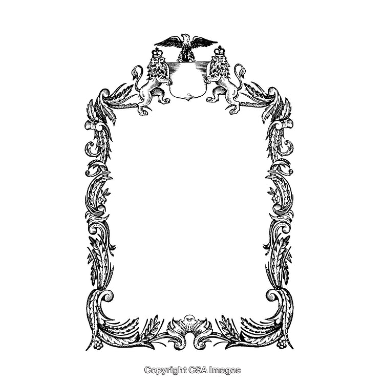 Intricate Black and White Heraldic Border with Lions and Eagle Crest Design