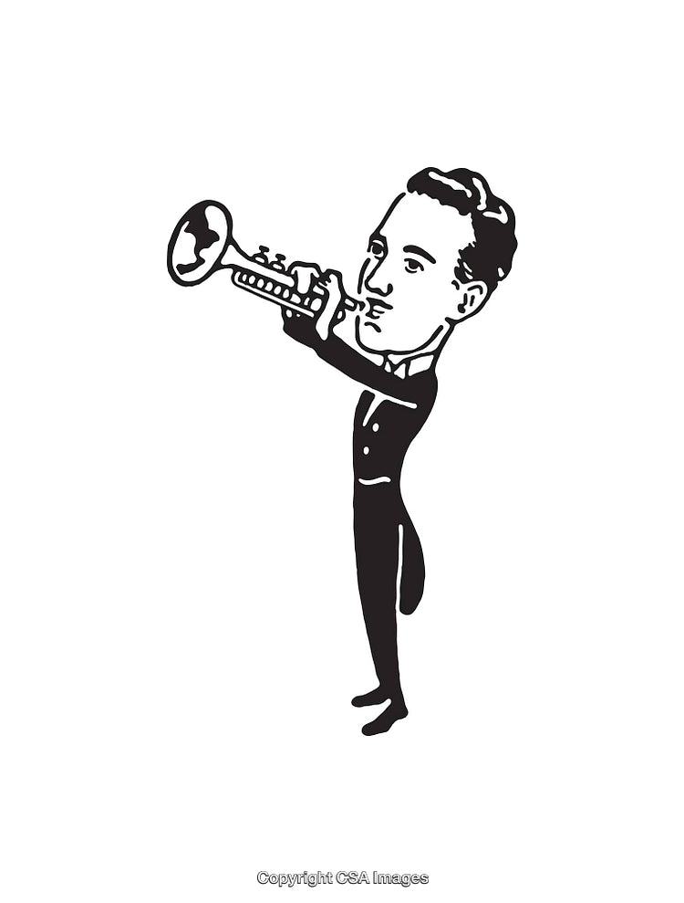 Illustration of a Trumpet Player Performing in Black and White Line Art