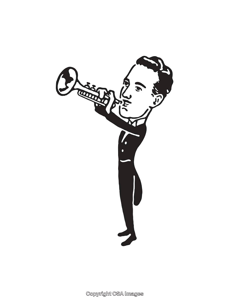 Illustration of a Trumpet Player Performing in Black and White Line Art
